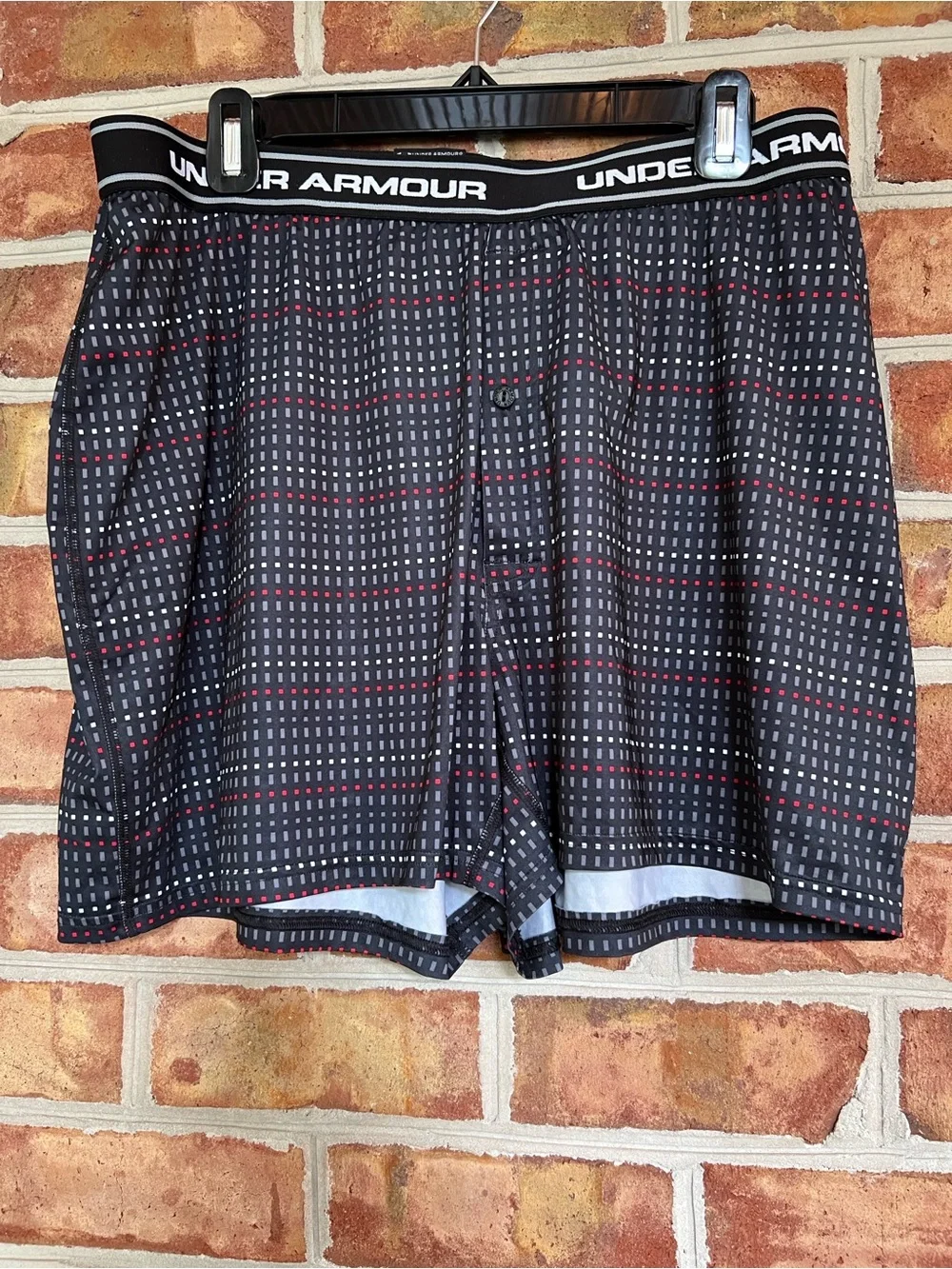 NWOT Under Armour Black Boxer Shorts with Red and White Dot Grid XL